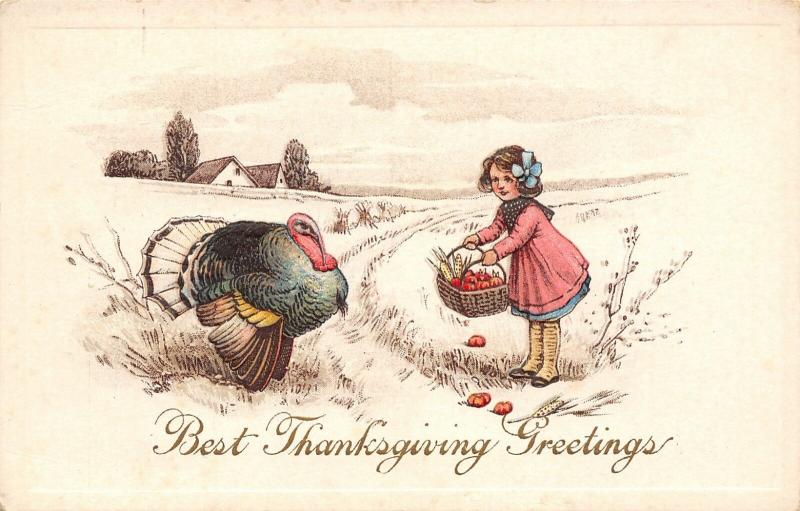 Victorian Thanksgiving~Girl in High Button Shoes Offers Apples~Turkey~Farm Path 