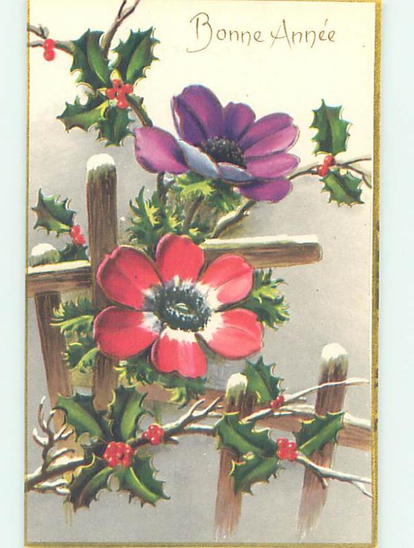 Unused 1930's foreign BEAUTIFUL RED AND PURPLE FLOWERS BY THE FENCE o9595
