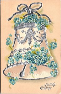 Two Birthday Greetings Postcards Silver and Gold Bells with Blue Flowers~136952