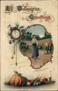 Halloween Woman Luring Tiny JOL Head Man #2516 Gottschalk Dreyfuss Postcard