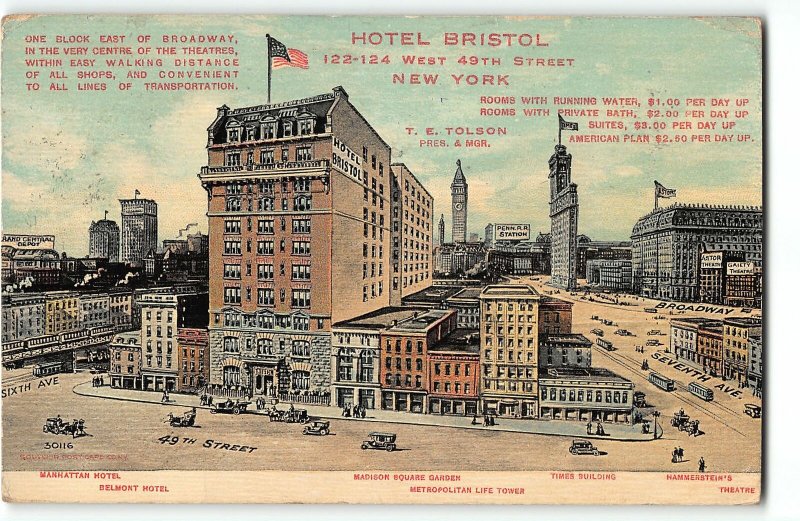 HOTEL BRISTOL, New York City Theater District - Rooms $1/day - 1914 Postcard