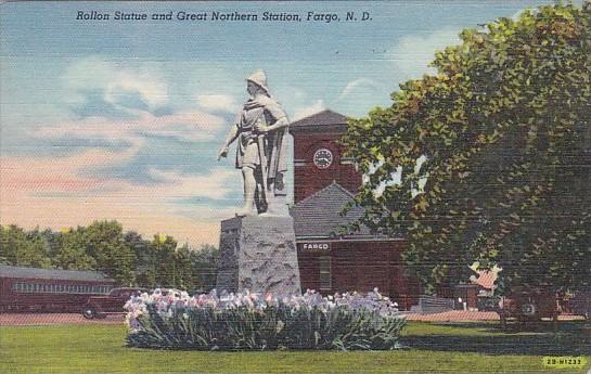 North Dakota Fargo Rollon Statue and Great Northern Railroad Station 1943 Cur...