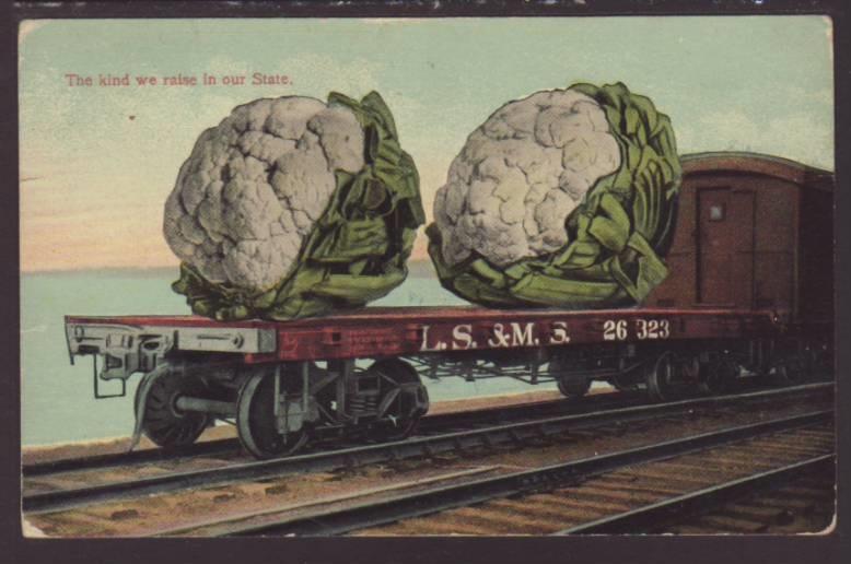 Exaggerated Cauliflowers on Rail Car Postcard 