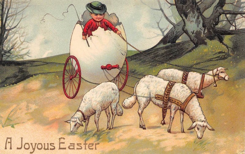 A Joyous Easter Boy Rides Egg Cart Pulled By Sheep, Embossed, Vintage PC U8929