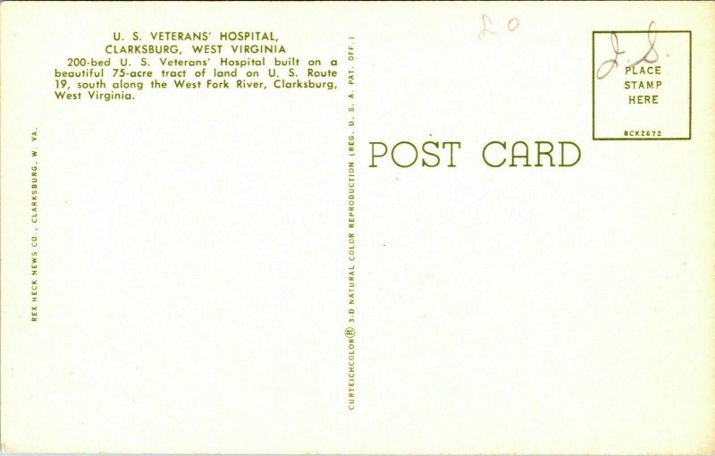 US Veterans Hospital Clarksburg WV West Virginia Postcard Curteich VTG UNP 