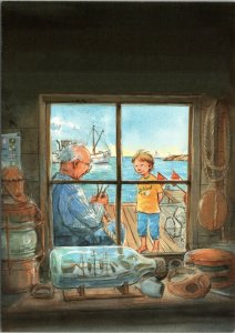 Grandfather teaching child to tie knot (drawing) nautical postcard from Sweden