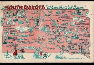 South Dakota SD Map Fun Cards by Gad 1961 Comic Funny Vintage Postcard B01