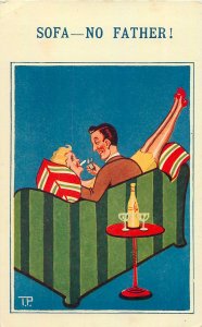 Postcard Comic advertising commercial Sofa no father