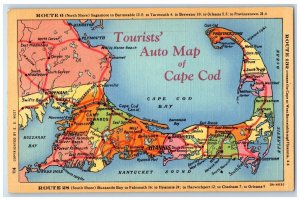 c1940 Tourists Auto Map Route 6 North Shore Cape Cod Massachusetts MA Postcard