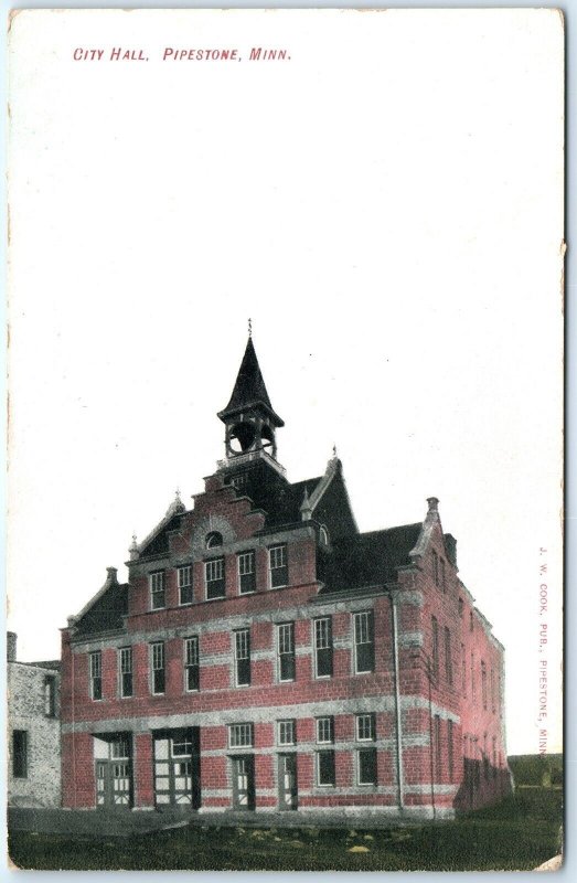 c1910s Pipestone, MN City Hall Brick Lith Photo Postcard Minn Bell J.W. Cook A83