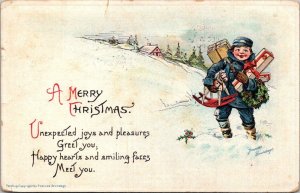 Merry Christmas With Boy Carrying Presents 1915