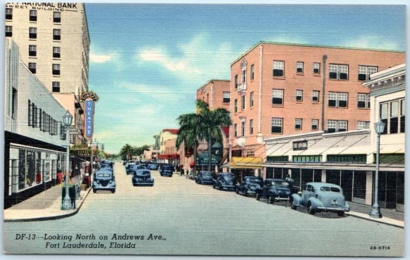 FORT LAUDERDALE, Florida  FL   ANDREWS AVENUE  Street Scene 1940s Linen Postcard