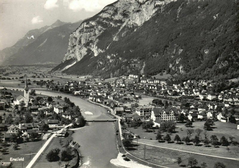 Postcard Panoramic View Mountains Residental Units Roadways Erstfeld Switzerland