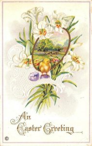 Holiday  EASTER GREETING  Chick & Lilies   1916 Lightly Embossed Postcard