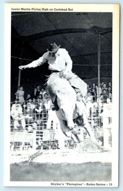 Rodeo Cowboy JUNIOR MARTIN Flying High on Horse Carlsbad Bat Stryker Postcard