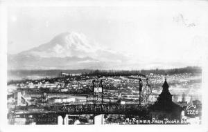 Tacoma Washington Bird's Eye View~Bridge & Church in Front~Mt Rainier~1940s RPPC