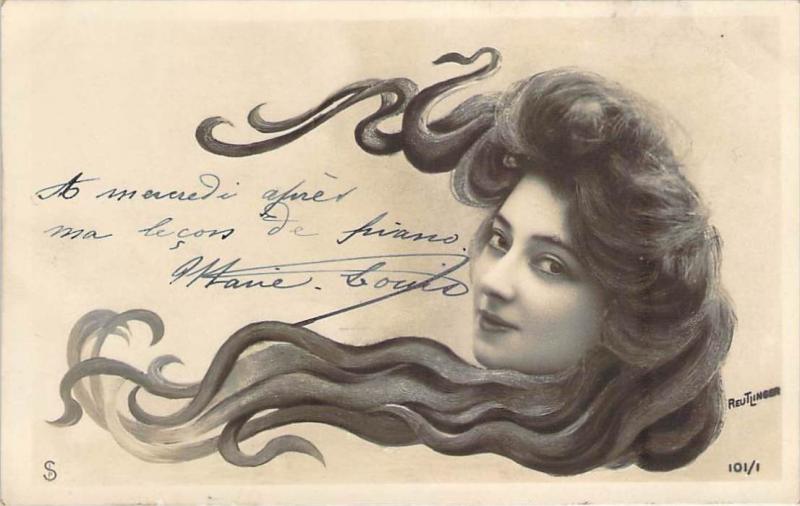 Carte-Photo de cabinet - Reutlinger - Tête de Femme aux cheveux spaghetti, s...