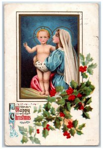 1909 Christmas Baby Jesus & Mary Holly Berries Embossed Posted Antique Postcard