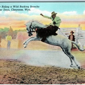 c1940s Cheyenne, WY Frontier Day Cowboy Bucking Bronco Horse Rodeo Linen PC A330