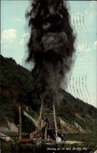 Oil City Penn PA Shooting an Oil Well Big Oil Fossil Fuel c1910 Vintage Postcard