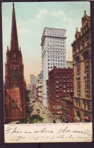 P1452 1908 used postcard trinity church & am surety bldg,s view new york city