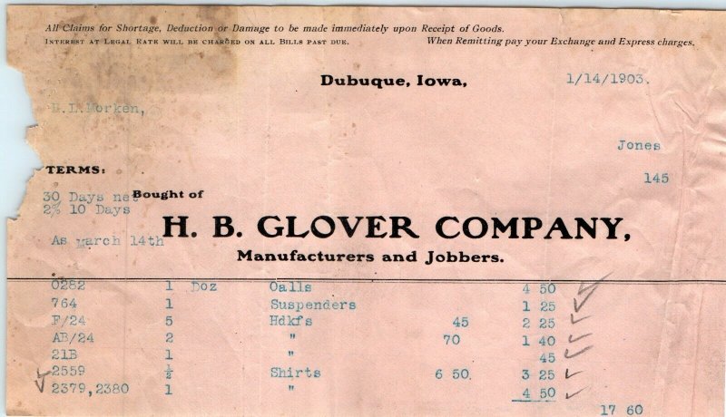 1903 Dubuque, Iowa H.B. Glover Letterhead Clothing x3 Receipts LOT Antique R1