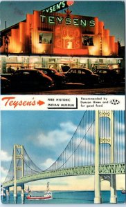 MACKINAW CITY, Michigan MI ~ Bridge TEYSEN'S RESTAURANT 1950s Roadside Postcard