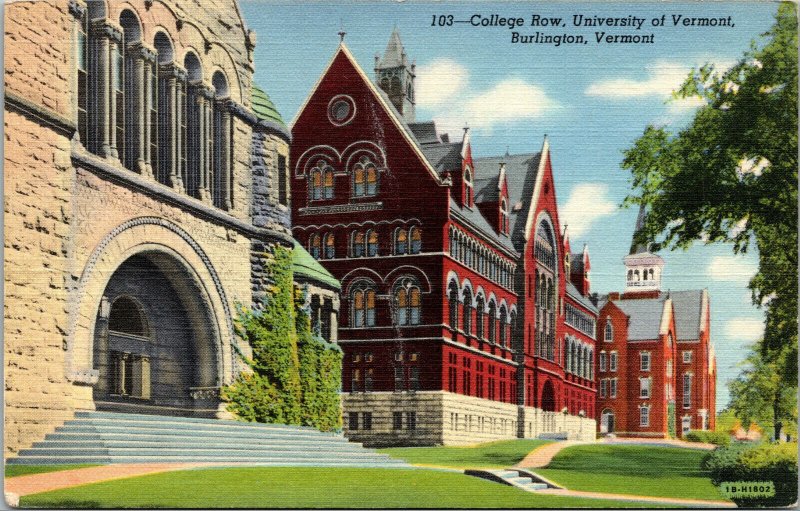 Vtg 1940's College Row Campus University Of Vermont Burlington VT Linen Postcard