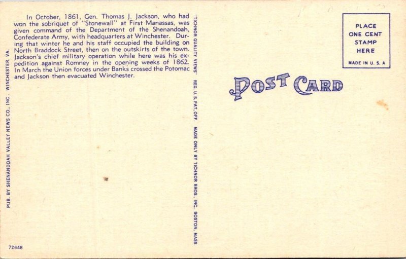 Winchester, Virginia VA  Confederate STONEWALL JACKSON & Civil War HQ Postcard