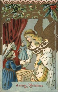 Christmas Angel Gives Little Girl Clown Doll c1910 Vintage Postcard