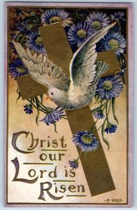 Easter Postcard Holy Cross Flowers Bird Embossed c1910's Unposted Antique