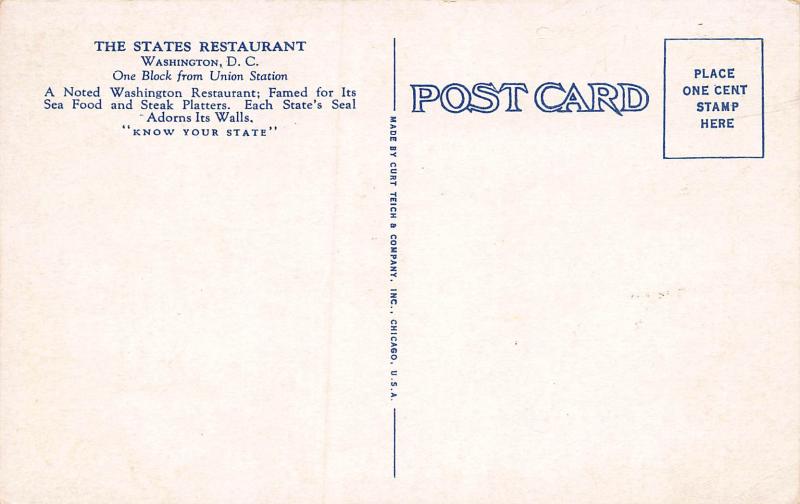 The States Restaurant, Washington, D.C., Early Postcard, Unused