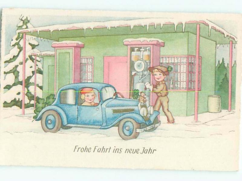 foreign 1930's New Year ANTIQUE VISIBLE GAS PUMP BEHIND OLD GERMAN CAR AC3440@