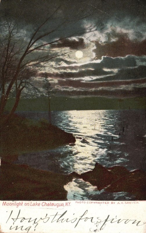 Vintage Postcard Moonlight On Lake Chautauqua New York NY A.H Sawyer Copyrighted
