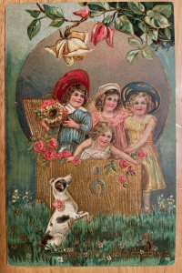 Vintage Victorian Postcard 1901-1910 Affections Offering - Four Girls & a Dog