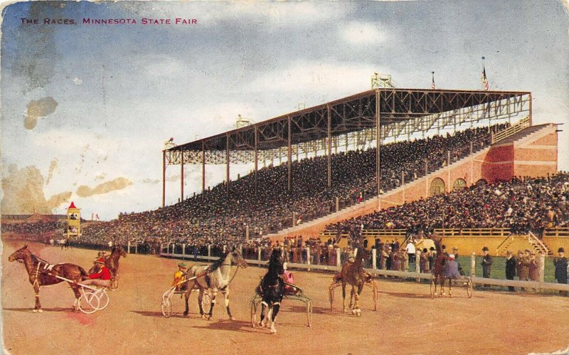 St. Paul Minnesota c1910 Postcard Sulky Horse Races Grand Stand State Fair 