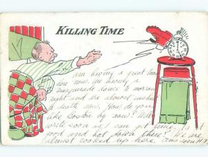 Pre-1907 comic KILLING TIME - MAN BREAKS HIS ALARM CLOCK k3220