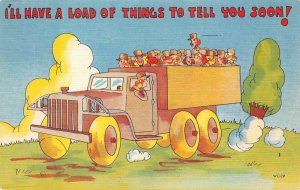 WOMAN SOLDIER'S TRUCK LOAD OF THINGS TO TELL COMIC MILITARY POSTCARD (c. 1940s)