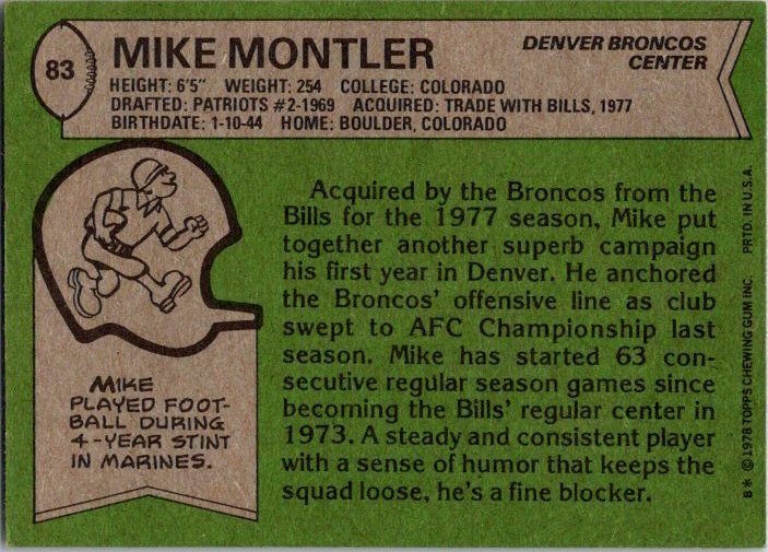 1978 Topps Football Card Mike Montler Denver Broncos sk7092