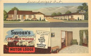 Linen Postcard Snyders Covered Wagon Motor Lodge by Mormon Temple Salt Lake City