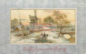 Christmas, Unknown Pub, Winter Scene, People Walking Past Windmill