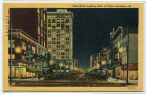 Main Street At Night Lexington Kentucky 1947 linen postcard