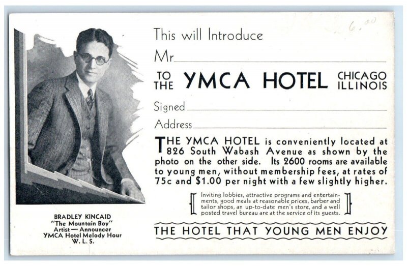 1940 YMCA Hotel Mountain Boy Bradley Kincaid Chicago Illinois Vintage Postcard