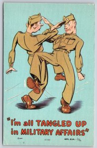 Military Comic~Im All Tangled Up~Soldiers Saluting Eachother~Vintage Postcard