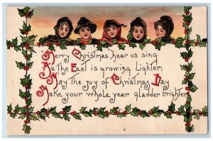 c1910's Christmas Carol Girls And Boy Holly Berries Unposted Antique Postcard