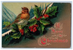 c1910's Christmas Song Bird Holly Berries Embossed Posted Antique Postcard