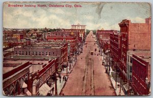 Oklahoma City Oklahoma 1909 Postcard Broadway Looking North Stores creasing