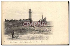 Old Postcard Lighthouse Havre waves effect at the end of the jetty boat