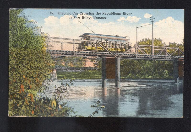 FORT RILEY KANSAS ELETRIC RAILROAD TRAIN CAR BRIDGE OLD POSTCARD GLENNONVILLE MO