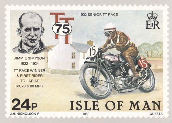 Jimmie Simpson 1932 Senior Race Isle Of Man TT Races Stamp Rare Postcard